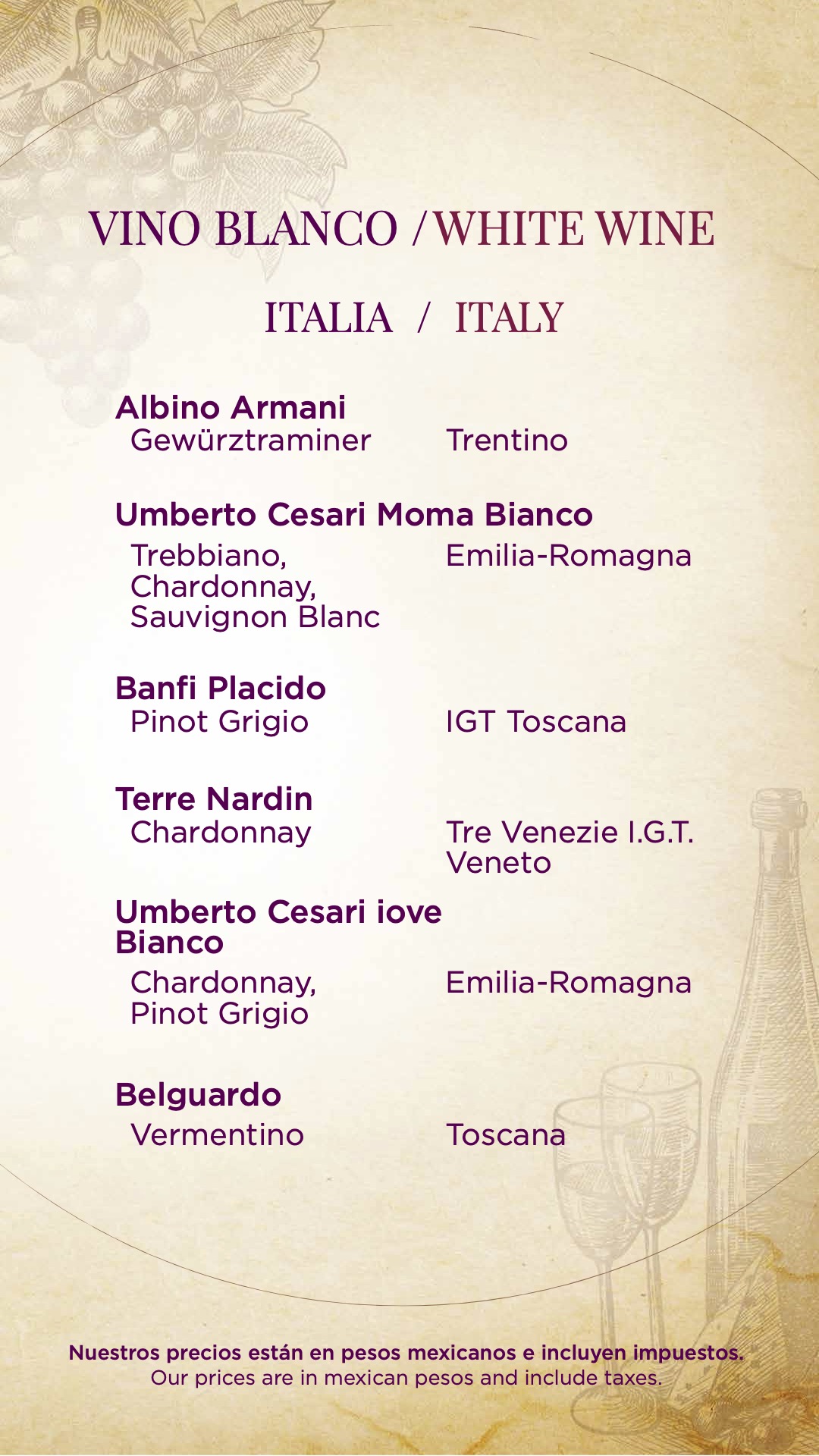 Menu de vinos